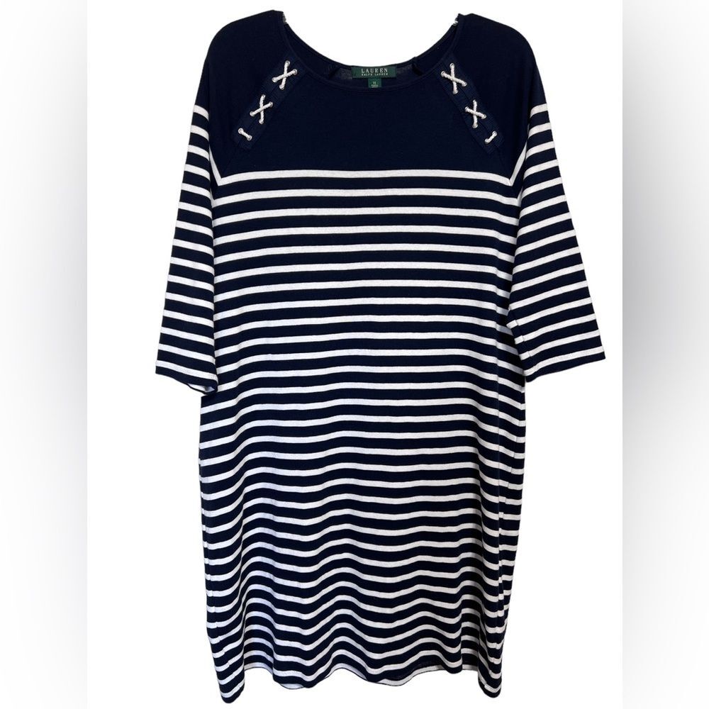 Ralph Lauren Nautical Navy Blue and White Stripe Pullover Dress Size 1X